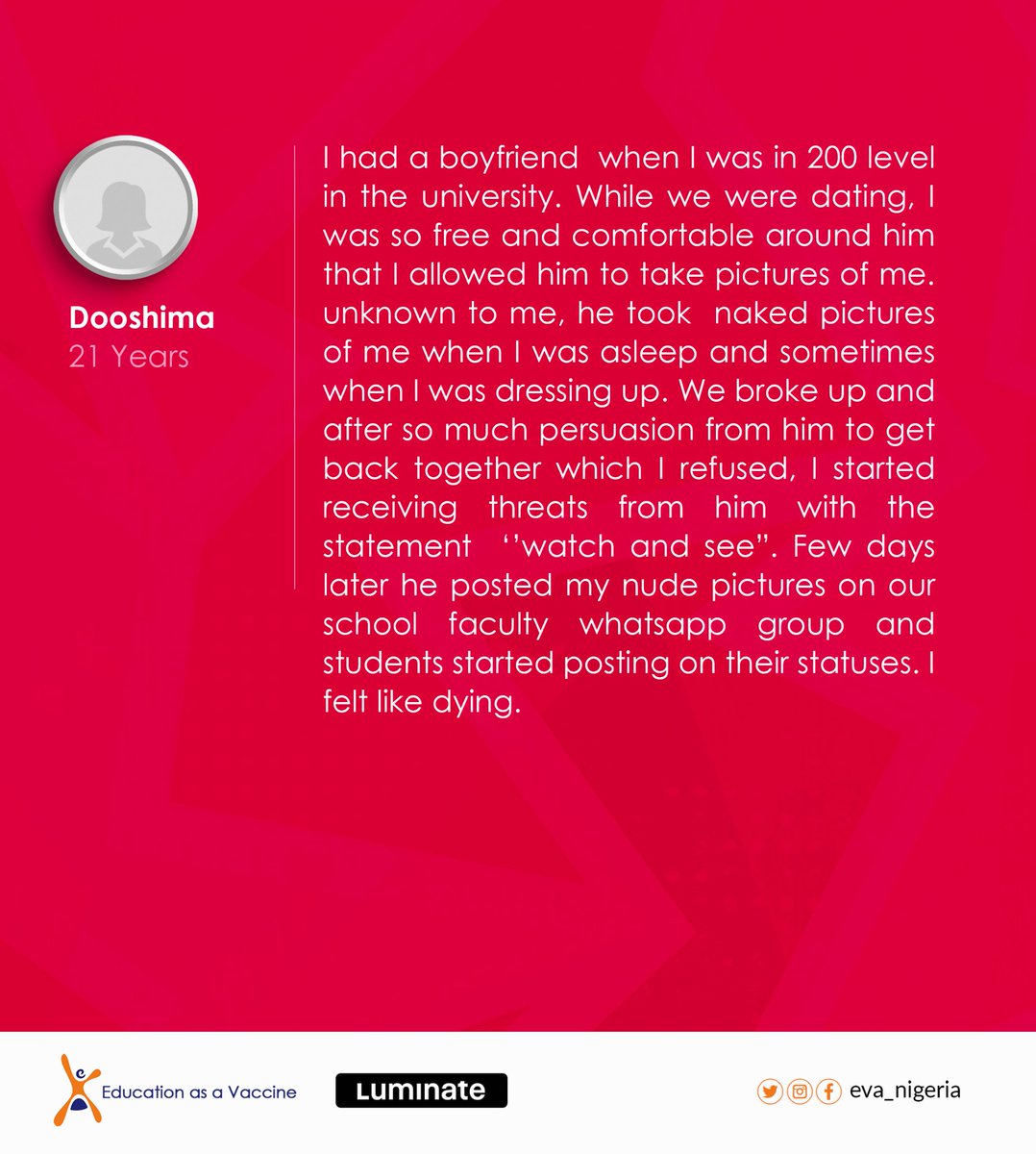 DeborahOgunmol2's tweet photo. Sexual abuse isn't always physical. It has gone digital with psychological effects on its victims, ranging from depression to suicide.
#DigitalRightOurRights
#SafetoSurf
#Notoonlineharassment
@EVA_Nigeria
@luminategroup
@PollicyOrg
@ICFJ
@Mediacareerngr
@TechHerNG https://t.co/zeNMtOf6d0