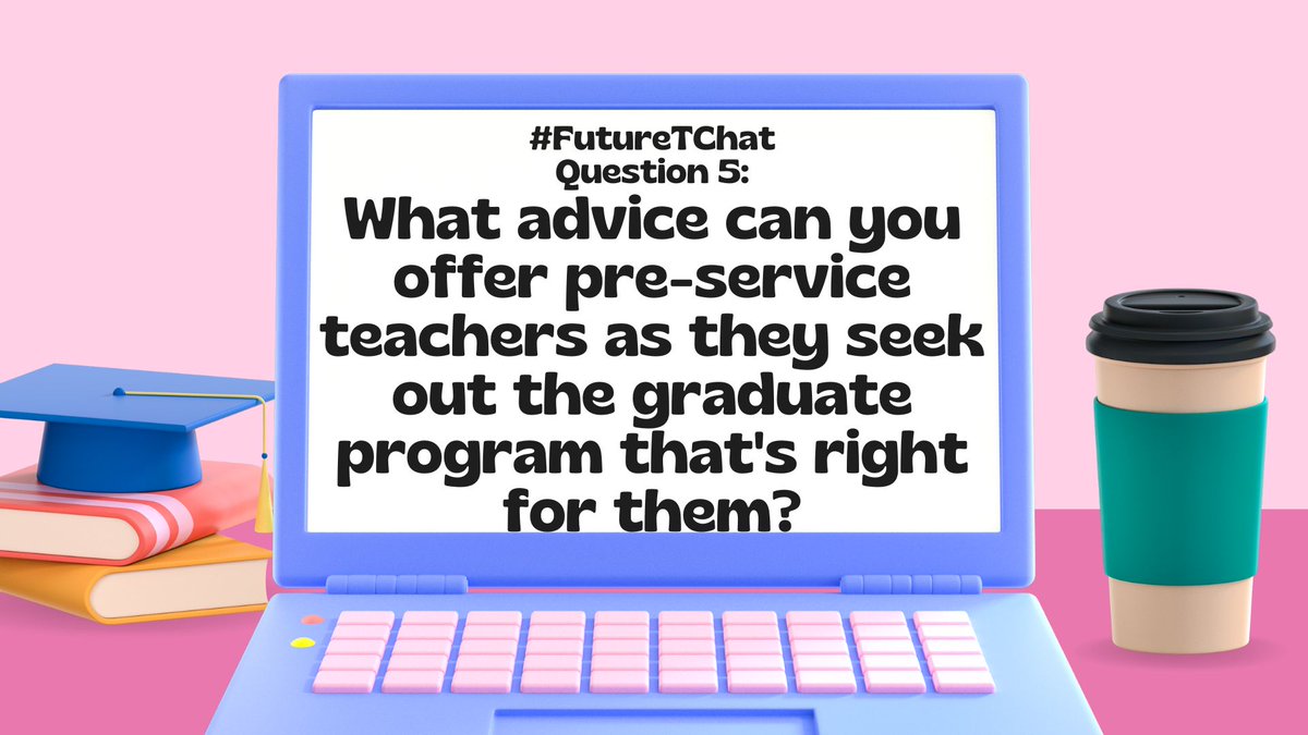 chat_future's tweet photo. Thank you to everyone who replied to last week's question! For Week 5, our focus turns to our future graduate school goals.
#FutureTChat Question 5: What advice can you offer pre-service teachers as they seek out the graduate program that's right for them? https://t.co/XFxqadUwFK