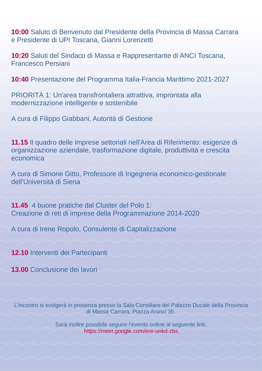 UpiToscana's tweet photo. 📍La @ProvinciaMS ospita domani 13 ottobre l'evento di lancio del Programma Italia-Francia Mmo '21-'27 🇮🇹🇫🇷 - Priorità 1

Dalle 10.00 in presenza presso Palazzo Ducale di Massa o al link https://t.co/rGk8O6vLhI

@regionetoscana @AnciToscana @ScuolaSantAnna @Unipisa @GLorenzetti16 https://t.co/qApo769Ebe