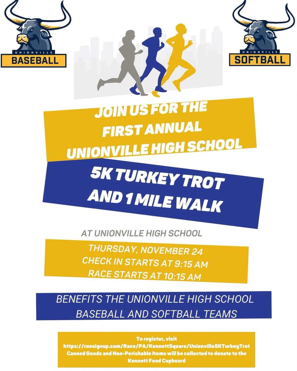 goUsoftball's tweet photo. UHS Softball is teaming up with Baseball to host the first annual Turkey Trot 5K/1 Mile Walk and Food Drive at Unionville HS!

This race is for all ages and skill levels.

Hope to see our friends, family and alumni there! 🥎🔥🤘

https://t.co/UkVC0BJhA8 https://t.co/J26HNFa42j