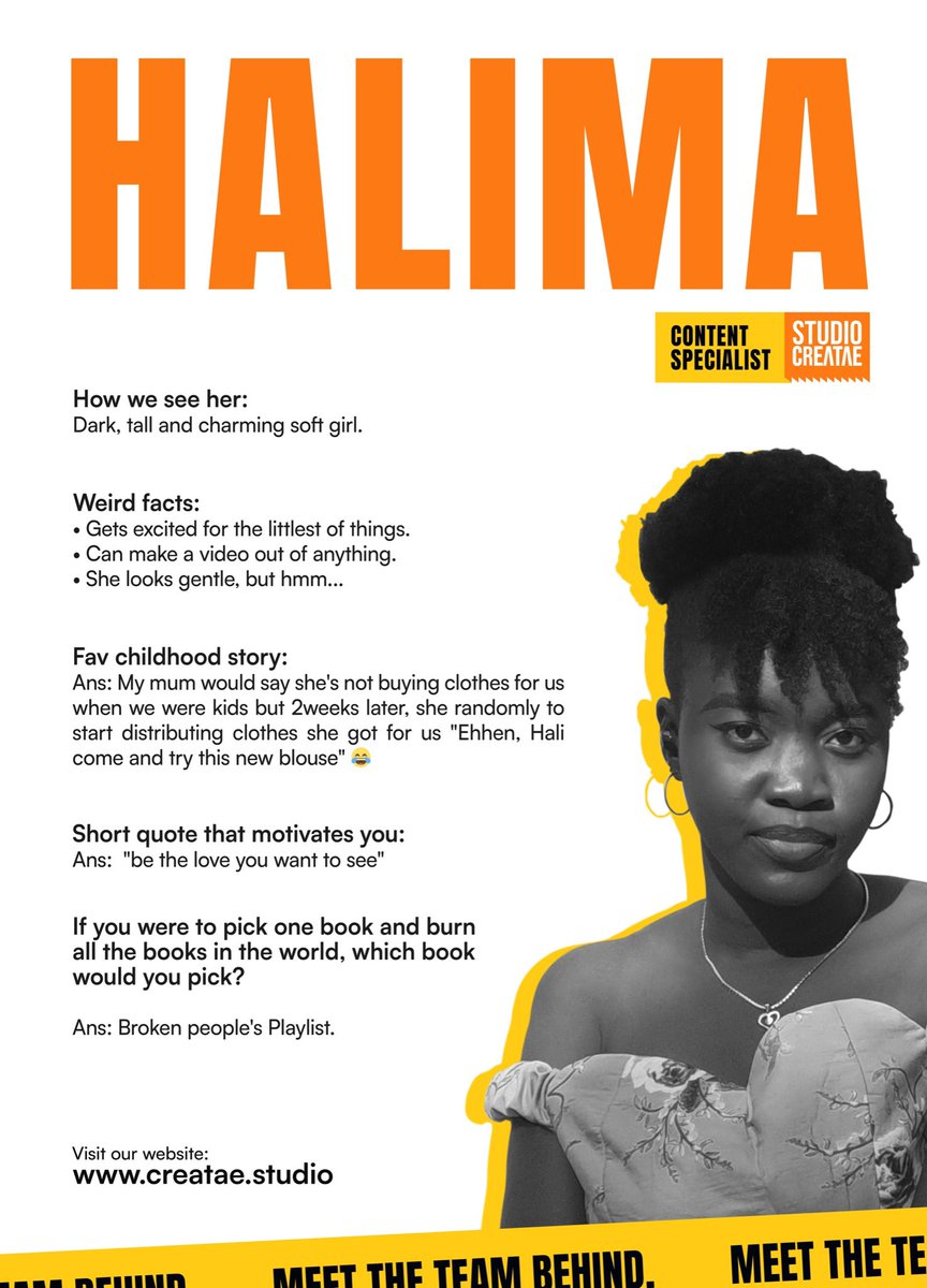 studio_creatae's tweet photo. Another day to celebrate 🎉 an amazing member of the team.
Meet Halima @harleemah___ , our very own Content Specialist.
Soft girl Halima.
She creates content out of everything 👩🏽💻🚀🚀
#HumansofSC #StudioCreatae https://t.co/UZNlqvRcEY