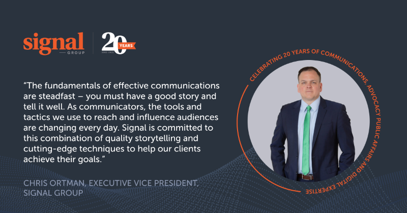 signalgroupdc's tweet photo. As Signal celebrates its 20th anniversary, our team will share our perspectives on the company's two decades of serving clients. EVP of Communications Chris Ortman shares his thoughts on #Signal20: