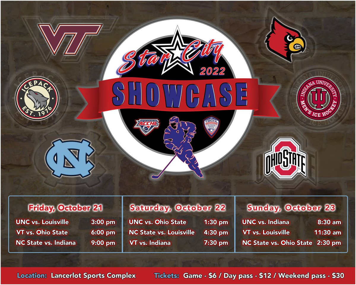 VTicehockey's tweet photo. 🚨 2022 STAR CITY SHOWCASE!! 🚨

1/2  Mark your calendars!  Next weekend, 6 of the top teams in the ACHA Southeast region will be converging on the Lancerlot Sports Complex for a great weekend of hockey in the 2022 Star City Showcase... https://t.co/kXRPoS8wlB