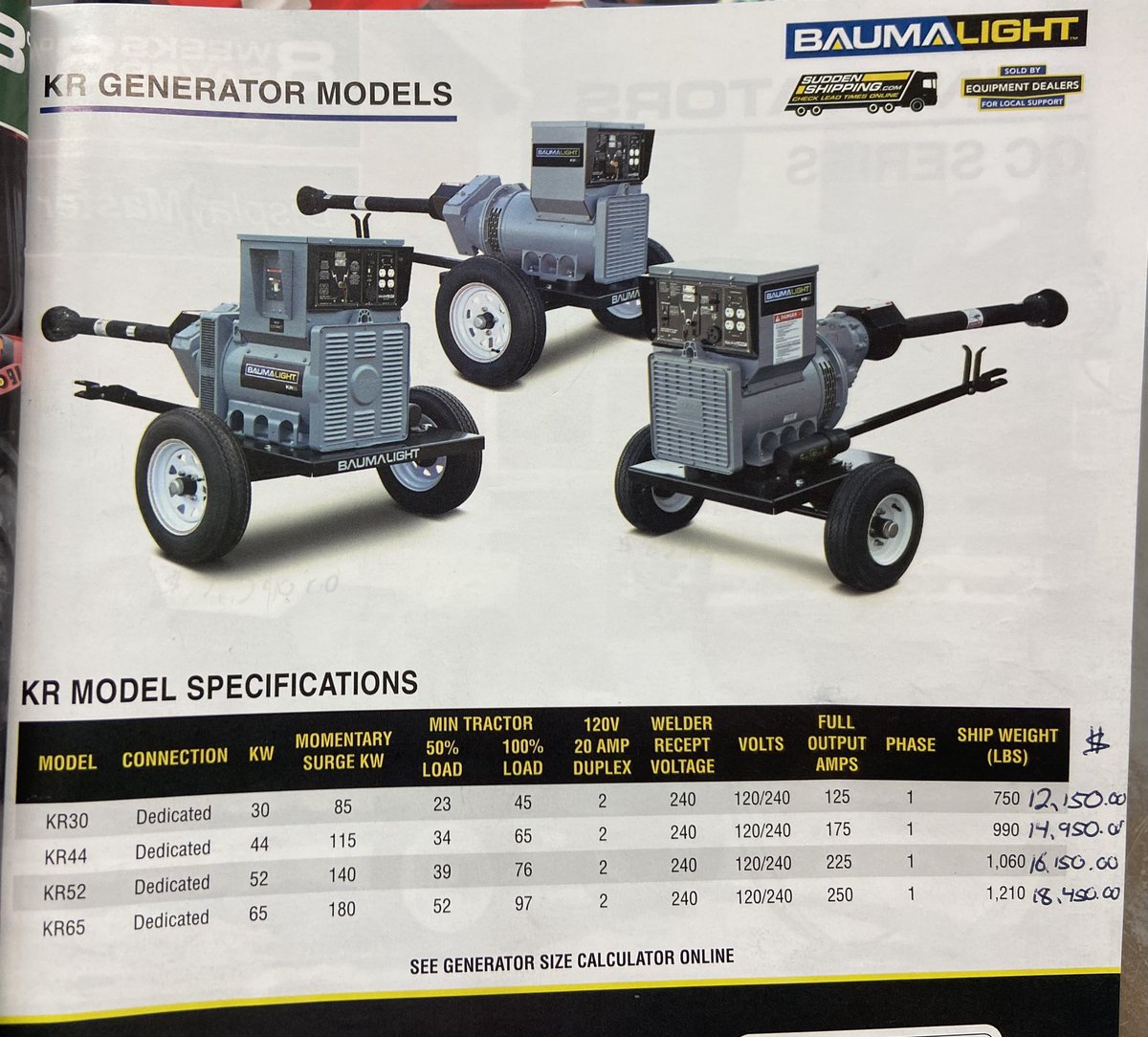 Don’t be left in the dark this winter! If you have a 40ish minimum horsepower tractor then a BaumaLight PTO generator could be an option for you! The KR series of generator are available in a matter of days. Made in northern Ontario so these guys know about long cold winters!