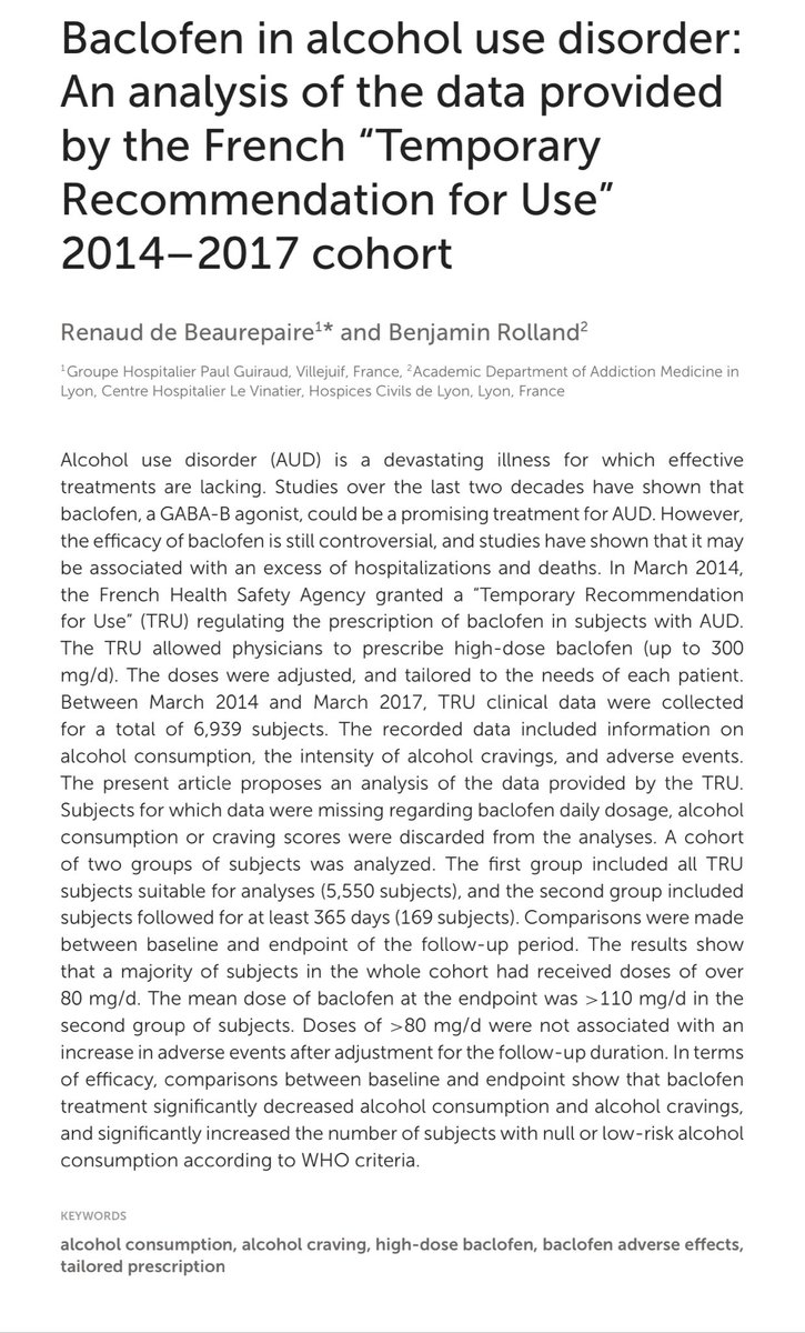 GrangerBernard's tweet photo. L’analyse des données de la cohorte RTU du baclofène dans le mésusage de l’alcool pleine d’enseignement sur l’efficacité et la sécurité de ce médicament. https://t.co/Vi2Ig5eFA5