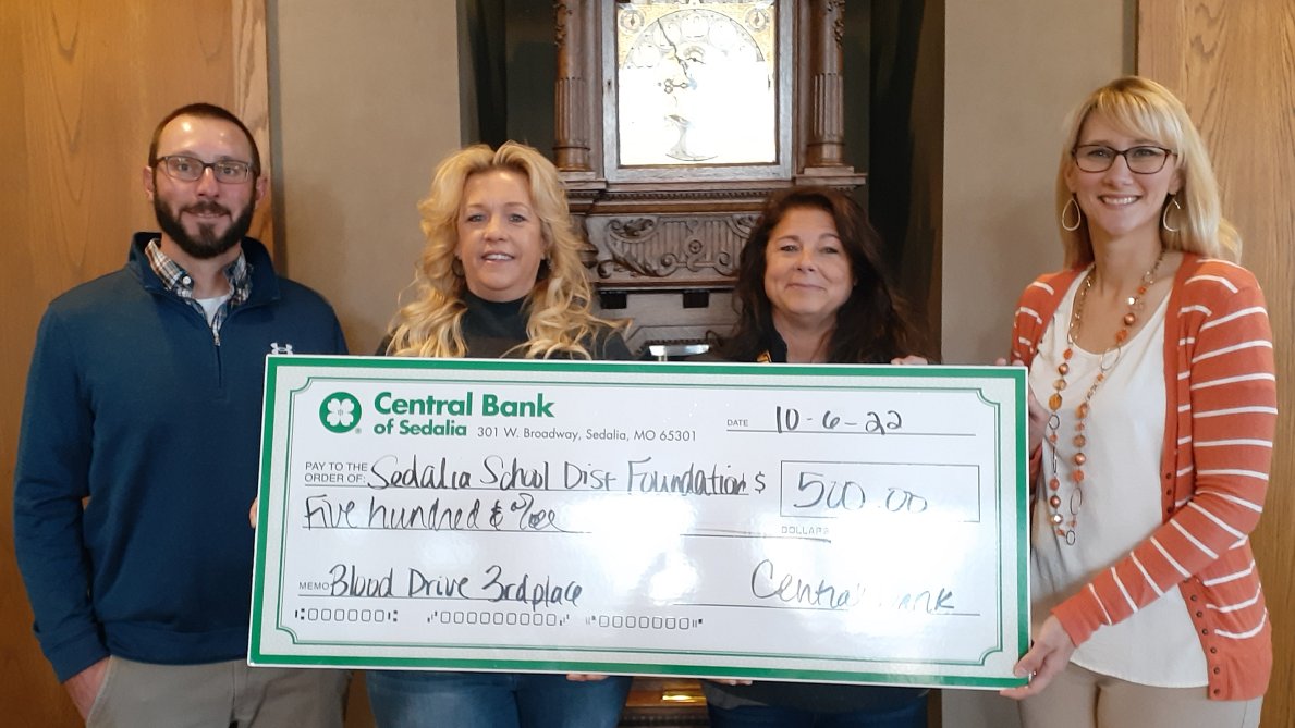 Thank you to Central Bank. They presented the Sedalia School District Foundation with $500 for our third-place finish in the Community Blood Drive Challenge. We are splitting the prize with Smith-Cotton Junior High who had the most donors in the school district.