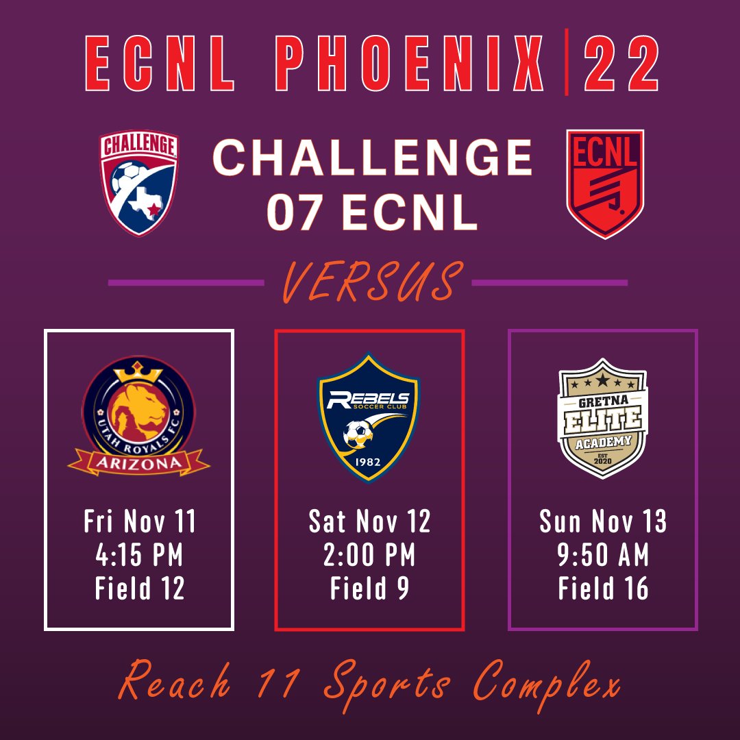 Challenge07ECNL's tweet photo. We are looking forward to the upcoming #ECNL Phoenix event against some excellent competition. Mark your 🗓️ as we would love to have you come to watch our #ECNL team play and will save you a 🪑‼️ #ECNLPHX https://t.co/LNo8RoQh2R