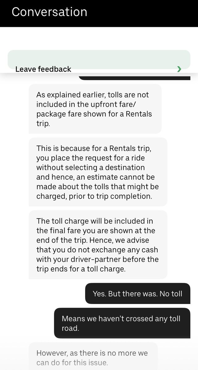 asish_de's tweet photo. Have been charged wrongly for an Uber trip. They have added additional money as a toll. But there was no toll in my entire trip. And they are not ready to accept it. And every time they are closing chat without any proper reply. https://t.co/zAyHe744QB