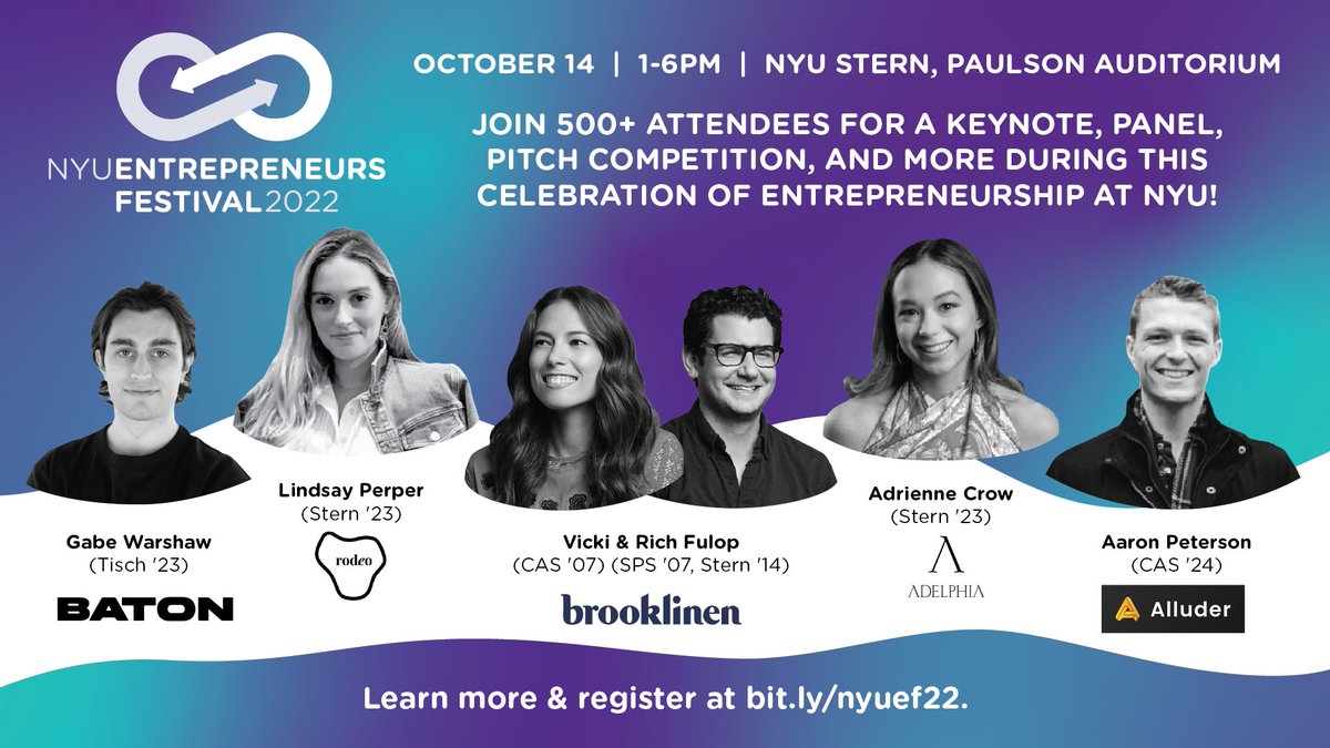 Interested in startups? Join @NYUEntrepreneur on Oct 14 for the 11th annual NYU Entrepreneurs Festival! Hear from an exciting lineup of speakers, watch NYU founders pitch their ventures, network, and more. bit.ly/nyuef22