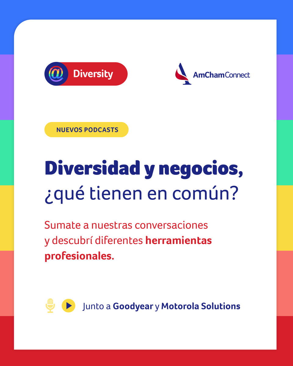 AmChamArgentina's tweet photo. 🎙️ ¡Nuevos podcasts del programa #AmChamDiversity!

Conocé las experiencias de @Goodyear_Ar y @motorola_AR en torno a la #diversidad, #equidad e #inclusión.

🎧 Escuchalos en nuestro canal de @SpotifyARG: https://t.co/6x1rSo2Eic 

#SpotifyPodcasts #AmChamConnect https://t.co/6L4jWU8JRl