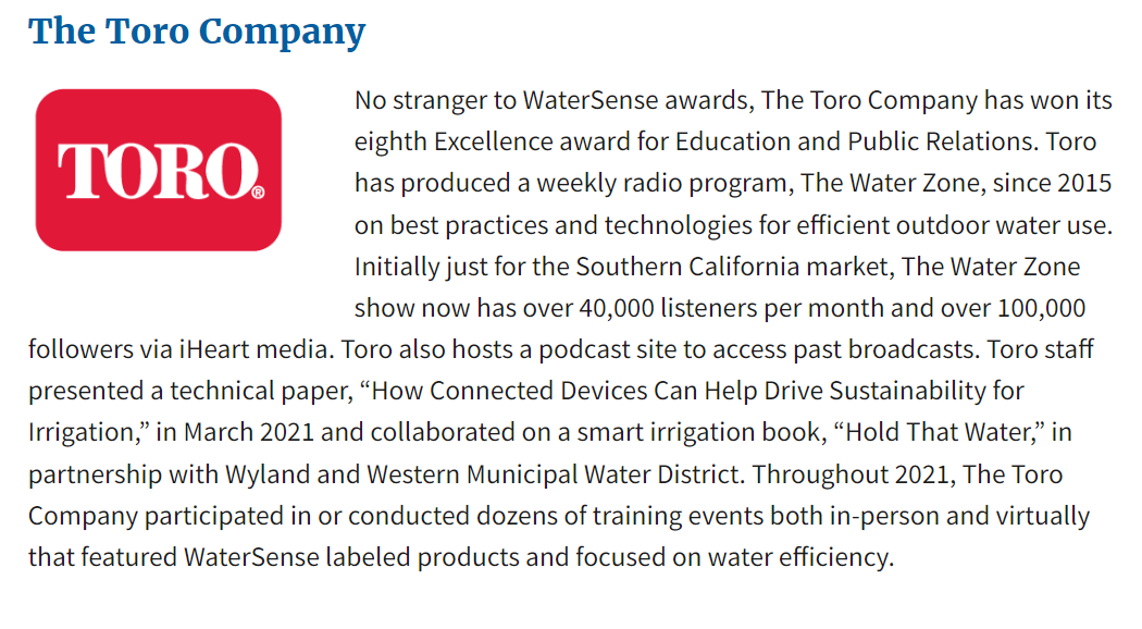 eparegion5's tweet photo. Congrats to @TheToroCompany in Bloomington, Minnesota on its 2022 #WaterSense Excellence in Engagement and Outreach award! https://t.co/YRJK2KpevZ https://t.co/YGVwuZPrrh