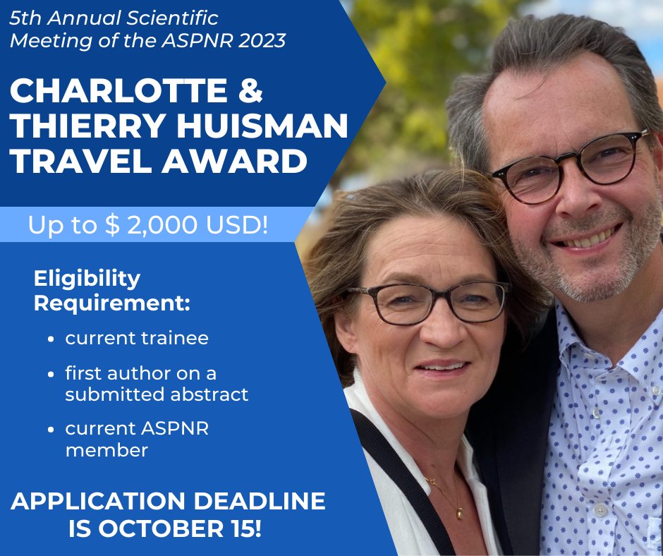 Member in Training? ✅ First author listed on an abstract submitted for #ASPNR23? ✅ Don't miss the opportunity to submit your application by the 10/15 deadline for the Charlotte & Thierry Huisman Travel Award Grant! #pedineurorad #NOLA For more info: aspnr.org/awards/c-t-hui……