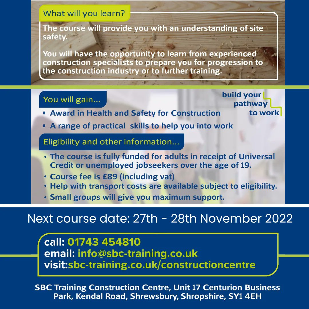 Pathway to work: Introduction to Construction Skills course 
NEXT DATE: 27th-28th November 2022
Get in contact to book your space.
Or speak to your Workcoach to get in contact with us.