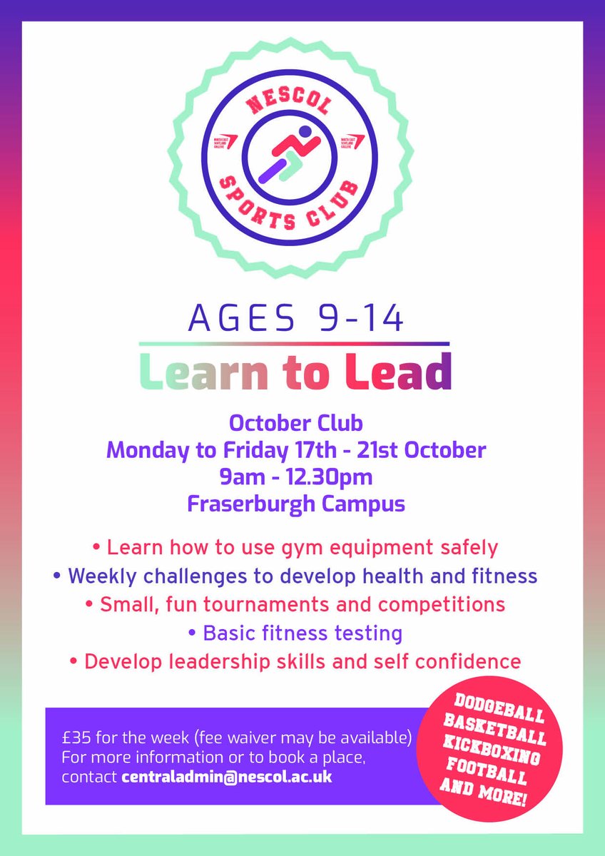 There's still time to book a place in our October Sports Club! Running at both our Aberdeen City and Fraserburgh Campuses, the club lets young people aged 9-14  develop leadership skills and confidence by playing sport! Find out more or book a place: centraladmin@nescol.ac.uk.