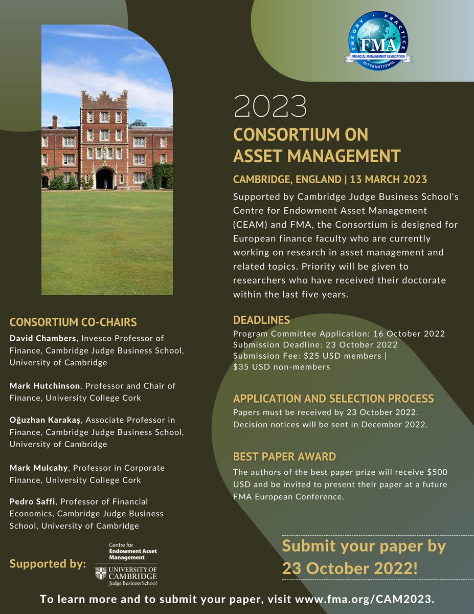 finmgmtassoc's tweet photo. The deadline for the Call for Papers for the 2023 FMA Consortium on Asset Management is approaching!

Apply by 23 October 2022. For more information and to submit your paper, visit https://t.co/cZUcddoVSZ. https://t.co/SmEE1ftMPk