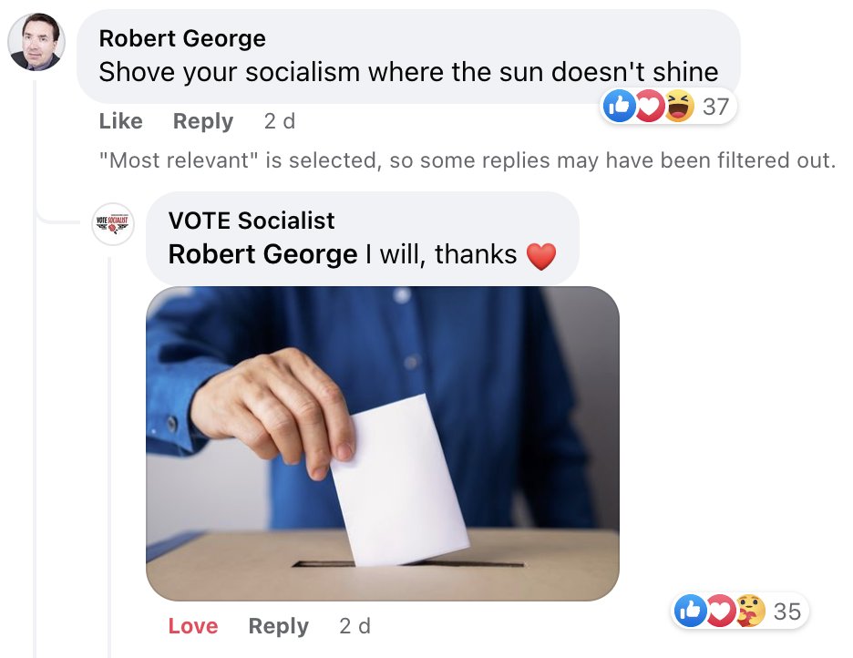 Appreciating this mic drop moment from <a href="/socialist_vote/">Vote Socialist</a> 's Facebook comment section.