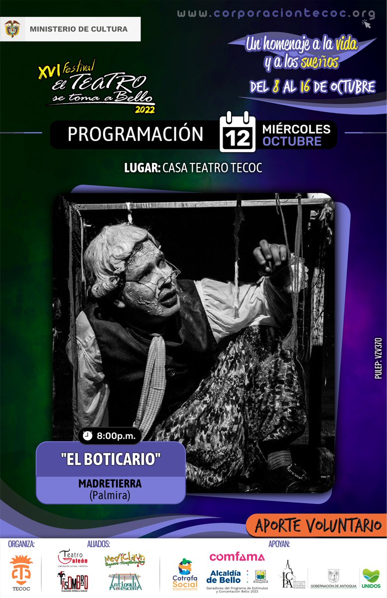 A Romeo y Julieta le hizo falta un pedazo y en esta obra lo descubriremos. 

Ven a ver el Boticario en nuestro quinto día del XVI Festival El Teatro se Toma a Bello. ¡Te esperamos!

Apoyan: <a href="/AlcaldiadeBello/">Alcaldía de Bello</a> <a href="/mincultura/">MinCultura Colombia</a> <a href="/Culturantioquia/">ICPA - Instituto de Cultura y Patrimonio Antioquia</a> <a href="/cotrafasocial/">Cotrafa Social</a> <a href="/Comfama/">Comfama</a>