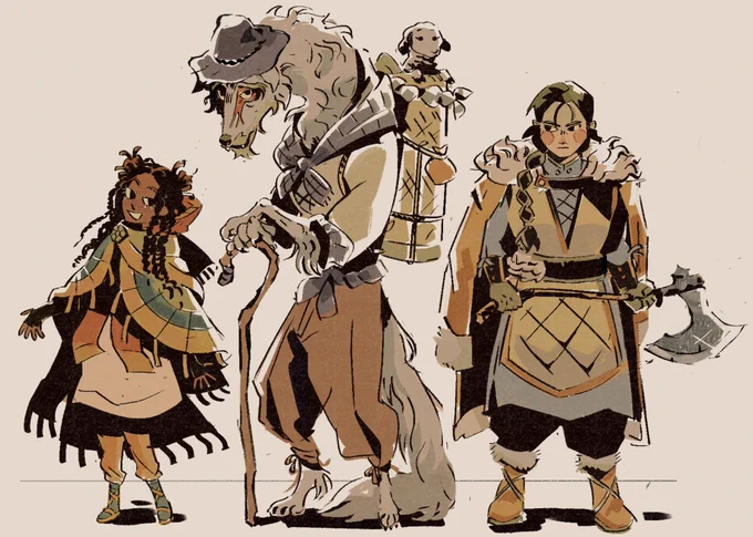 Trying to solidify these guys' designs-I don't really draw high fantasy so advice on how to design/costume characters + find references would be very much appreciated  I'm literally just pulling things from thin air help 