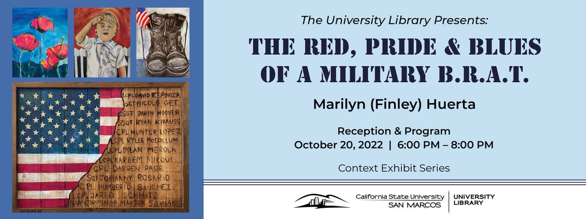 csusmalumni's tweet photo. Join us at the Art Exhibit Reception for @csusm_library's fall 2022 Context Exhibit, “The Red, Pride &amp; Blues of a Military B.R.A.T.” Please RSVP by October 18: https://t.co/0glVtt92jn 
#CSUSM #CSUSMlibrary #CSUSMevents https://t.co/Yc12VzPnlC