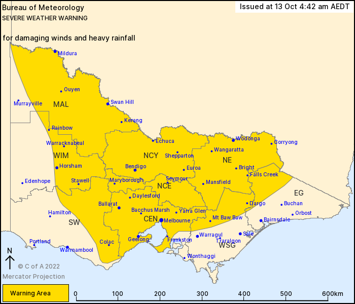 ⛈ @BOM_Vic has issued a Severe Weather Warning for damaging winds and heavy rainfall. We ask that you take care today. Please: - Avoid any unnecessary travel - Stay indoors - Secure any items in your backyard or on your balcony - Do not drive or swim through floodwaters.