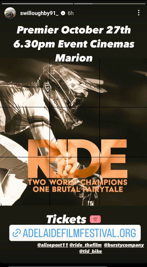 Stephanie85WAGY's tweet photo. Sam Willoughby has announced premiere date for Ride,the movie about his & wife Alise's #BMX journey - Event Cinema Marion (Adelaide) Thurs 27th Oct, 6.30pm #strengthfor91 via IG swilloughby91_ https://t.co/tAIXHRn3iF