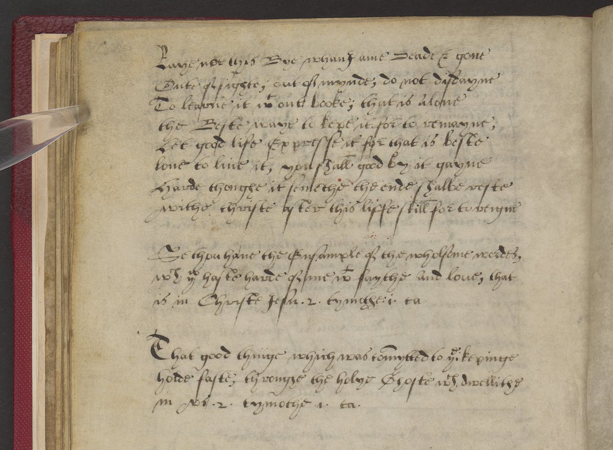 'Laye not this bye whan I ame Deade and gone, Oute of sighte, out of mynde, do not disdayne, To learne it without booke; that is alone, the Beste waye to kepe it for to remayne.' A poem added to a medieval prayer-book, adapted for a later female owner bl.uk/manuscripts/Fu…