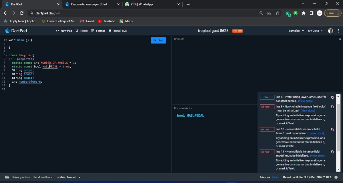 TobyDesignX's tweet photo. #gdsc #30Dol
Day 3
Trying to figure out how to create classes on Dart, still having some errors, but it's a progress π
#SSAGDSC30DaysChallenge
#DeveloperStudentClubs
#GDSCLAUTECH
#LearnigFlutter https://t.co/SSQk7O5qAZ