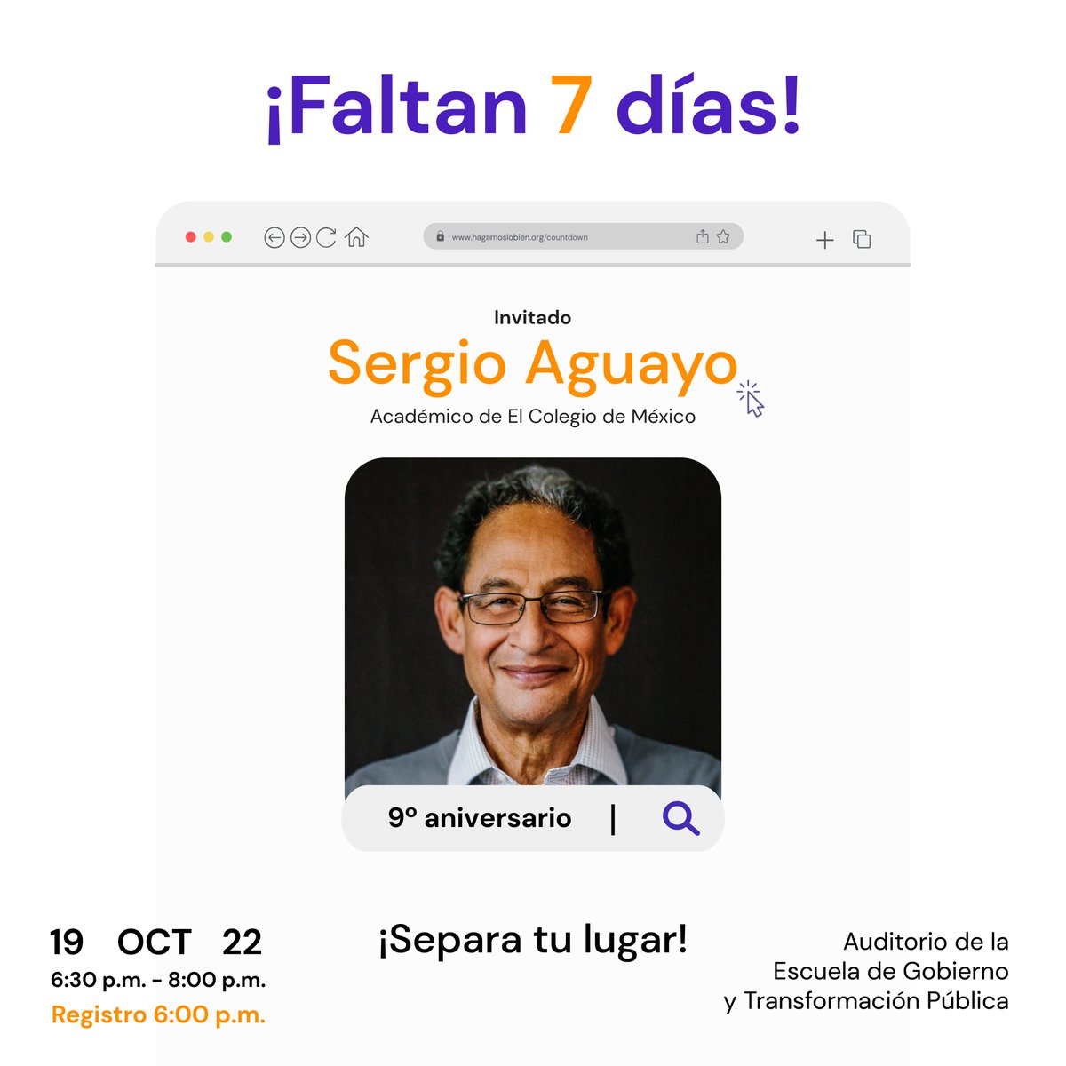 BienMx's tweet photo. 📢 D-7⃣
En nuestro 9º aniversario nos acompaña Sergio Aguayo para hablar sobre el caso de cambio ciudadano que explora @NoMafiaDoc y de lo que se está haciendo en México para vivir en una #CulturaDeLaLegalidad.

🗓19 de octubre
⏰6:30 p.m.
✍️Registro: https://t.co/X3iRR3070L https://t.co/lFygrvDtk1