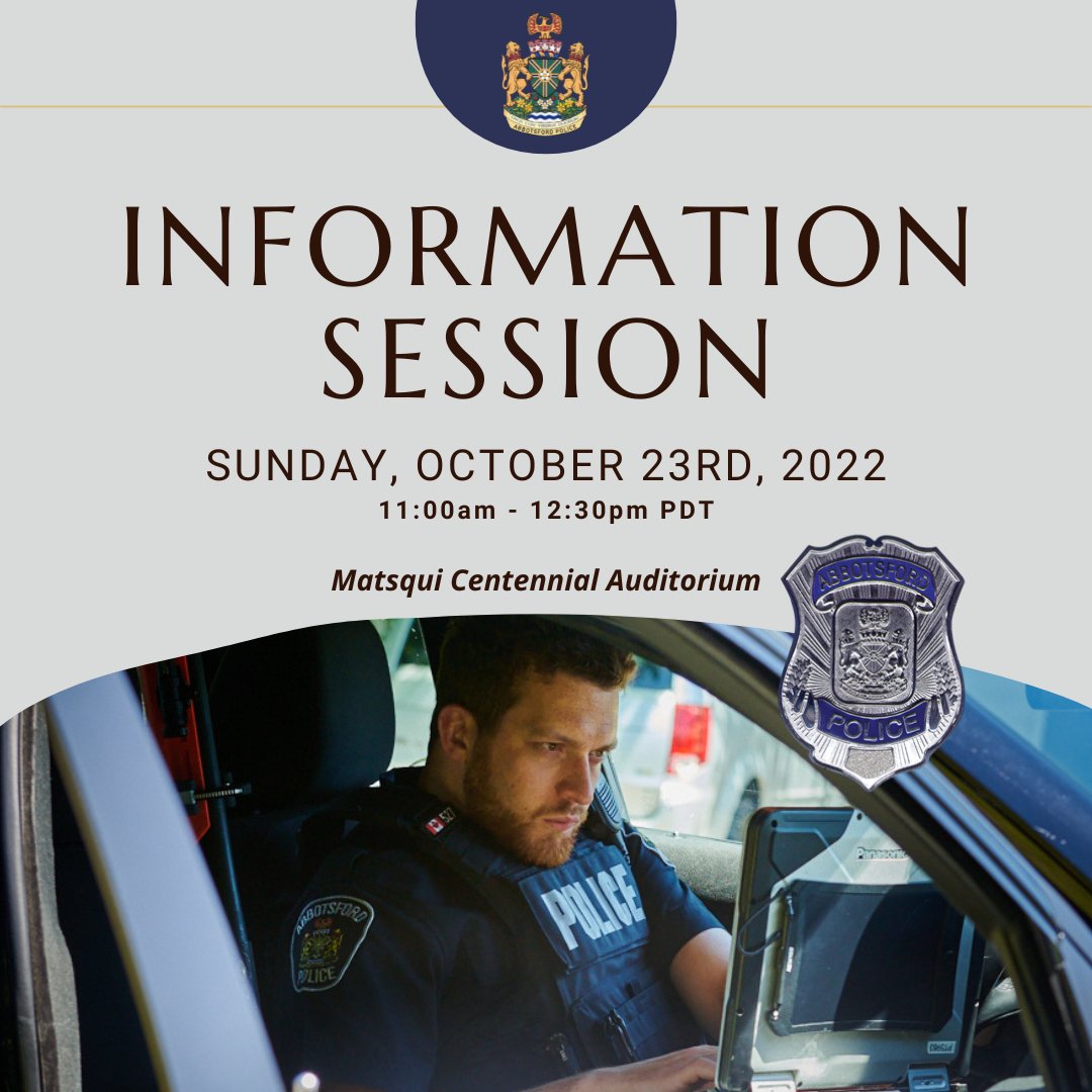 AbbyPoliceDept's tweet photo. You do not want to miss our IN-PERSON Information Session! 11:00-12:30pm on Sunday, October 23rd. This is a chance to chat with our recruiting officers in person.  We look forward to seeing you. Bring your best!

#MoreThanABadge #JoinAbbyPD

For more info: https://t.co/ycYvURPTKu https://t.co/VMhid9kzJI