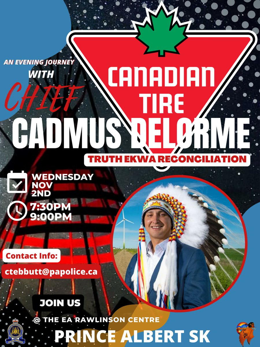 Canadian Tire presents "An Evening Journey with Chief Cadmus Delorme: Truth Ekwa Reconciliation," Nov 2 at 7:30pm. Attendance is free, but you do need to collect your tickets ahead of time! They're available now at our Box Office, in person only.