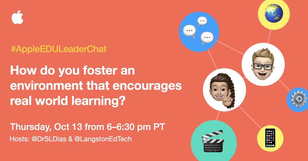 How do you foster an environment that encourages real world learning? Join us for #AppleEDULeaderChat <a href="/javaldez/"> Alberto Valdes</a> <a href="/A_RiveraNY/">Dr. Alejandro Rivera</a> <a href="/hvlsmith/">Heidi S. Alexander</a> <a href="/MoreWithMonroe/">Candyce Monroe</a> <a href="/MMinnelli18/">Michelle Minnelli</a> <a href="/PrincipalBJJ/">Bryan Bruno</a> @BilalPolson <a href="/DrFrantzD/">Frantz Dorsainvil, Ed.D.</a> <a href="/drfrantz2015/">Frantz Dorsainvil</a> <a href="/KristiMeeuwse/">Dr. Kristi Meeuwse</a> <a href="/MiaLMorrison/">MiaMorrison</a> <a href="/turahlee/">Keturah Lee</a> <a href="/Ms_Morales16/">Gabrielle Morales</a> <a href="/kellycroy/">Kelly Croy</a>