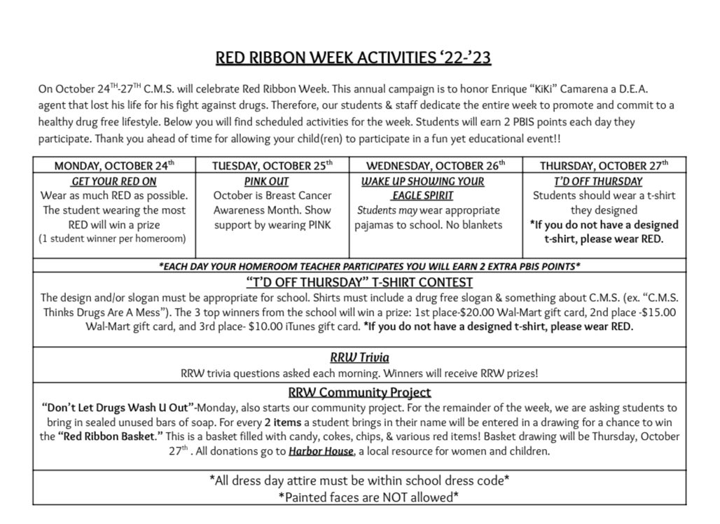 We will celebrate Red Ribbon Week at CMS from October 24-27! We have lots of activities planned, including a community project, so be sure to check out the agenda below and mark your calendars! #WingsUp