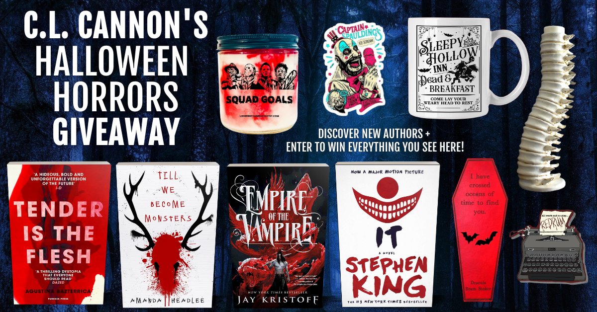 CLCannonAuthor's tweet photo. 🔪#Horror fans check out this #giveaway!🩸
😱 Enter: https://t.co/kAg6hWU90z 😱
🧛‍♂️Win #TenderIsTheFlesh #TillWeBecomeMonsters #EmpireOfTheVampire #It + "Squad Goals” candle, Sleepy Hollow mug, Capt. Spaulding sticker, spine candlestick, Dracula bookmark, &amp; The Shining sticker!🧛‍♂️ https://t.co/cLF1XXQFMj
