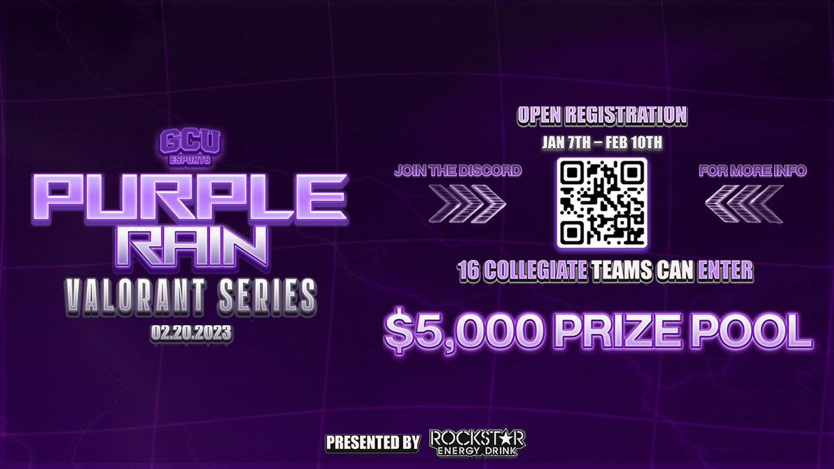 Esports_GCU's tweet photo. ⛈The storm is here⛈

GCU Esports Purple Rain VALORANT Series Presented By @rockstarenergy

We are creating the space for marginalized genders to compete in Collegiate Esports!

📝Registration: Jan. 7th - Feb. 10th
🌩️Begins Feb. 20th, 2023
💜 $5,000 Total Prize Pool https://t.co/hNCVJs46Ki