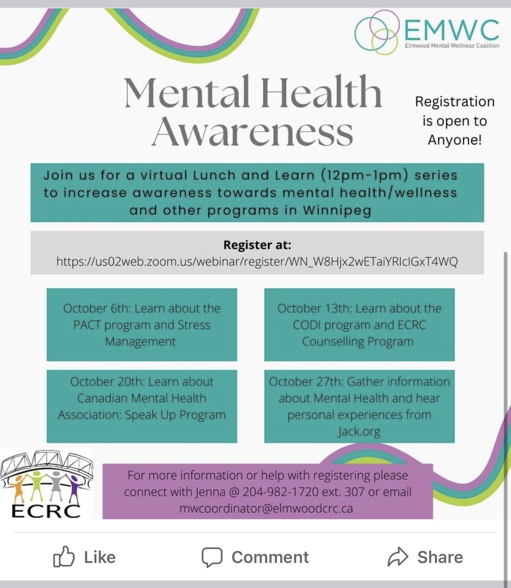 Mental Health Lunch and learn series ! 

Hear from programs here in Winnipeg about their services as well has have a discussion about impact mental health and mental illness . To register click the link us02web.zoom.us/webinar/regist…
This lunch and learn series is open to anyone