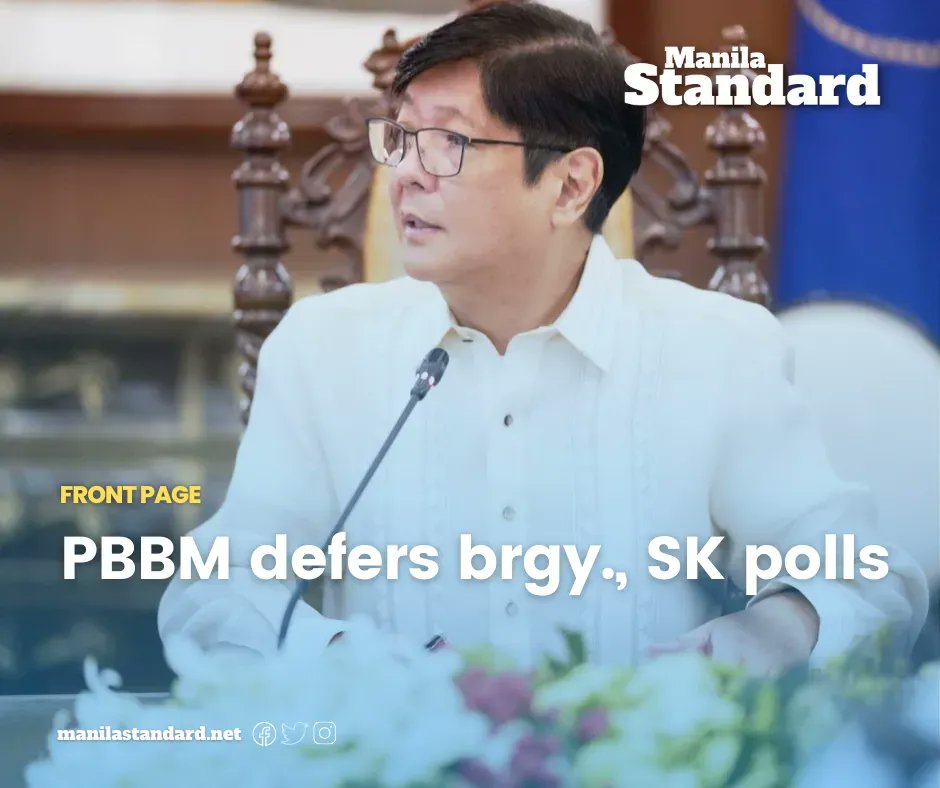 mnlstandardph's tweet photo. President Ferdinand Marcos Jr. has signed into law a measure postponing the December 2022 barangay and Sangguniang Kabataan elections (BSKE). 
READ:
https://t.co/H5UNcXQxSM https://t.co/ra2aZe1c3s