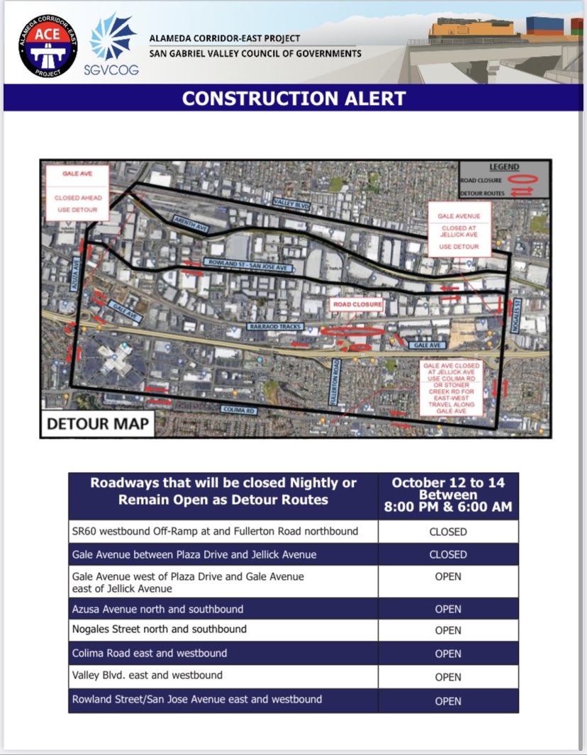 Night Closure: State Route 60 westbound off-ramp at Fullerton Rd &amp; intersection at Fullerton Rd and Gale Ave between Plaza Dr and Jellick Ave from October 12-15. 

Intersection Closure Time:
8 PM - 6 AM 

Off-Ramp Closure Time:
9 PM - 5 AM
Friday starts at 10 PM