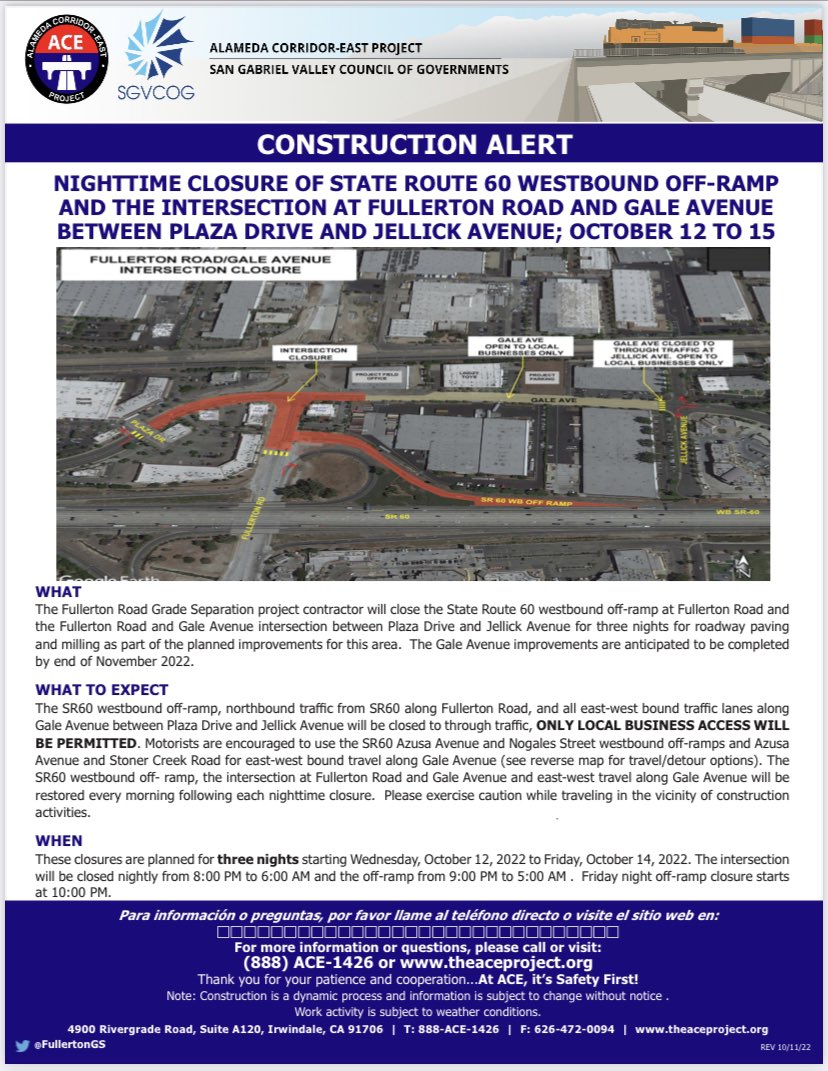 FullertonGS's tweet photo. Night Closure: State Route 60 westbound off-ramp at Fullerton Rd &amp; intersection at Fullerton Rd and Gale Ave between Plaza Dr and Jellick Ave from October 12-15. 

Intersection Closure Time:
8 PM - 6 AM 

Off-Ramp Closure Time:
9 PM - 5 AM
Friday starts at 10 PM https://t.co/KN8vYtl5uE
