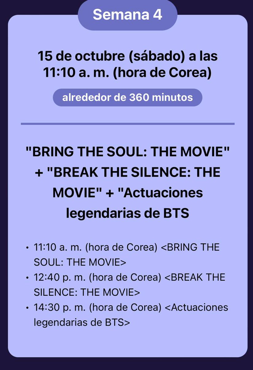 Army no olvides que 7 horas antes  del concierto Yet To Come en Busan este Sábado 15, tendremos un calentamiento donde transmitirán en Weverse 2 películas de los chicos y actuaciones legendarias.😍😍😍

HORARIOS⤵️