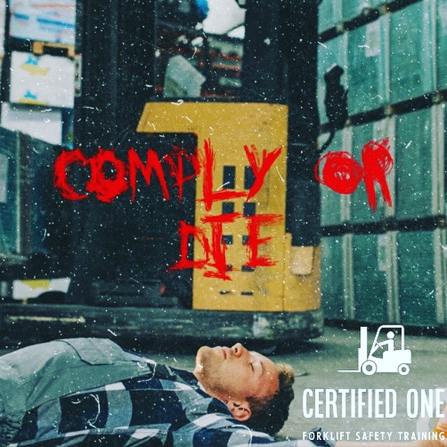 Comply or Die 💀 
Get Certified Today! 
@certified_one_training 🚨🦺🚨 
#complyordie #trickortreat #halloween #safetyfirst #lifttruck 
#certifiedone #forklift #operator #safety #training #lasvegas #osha #october #death #fatality #jobtraining #work #socal