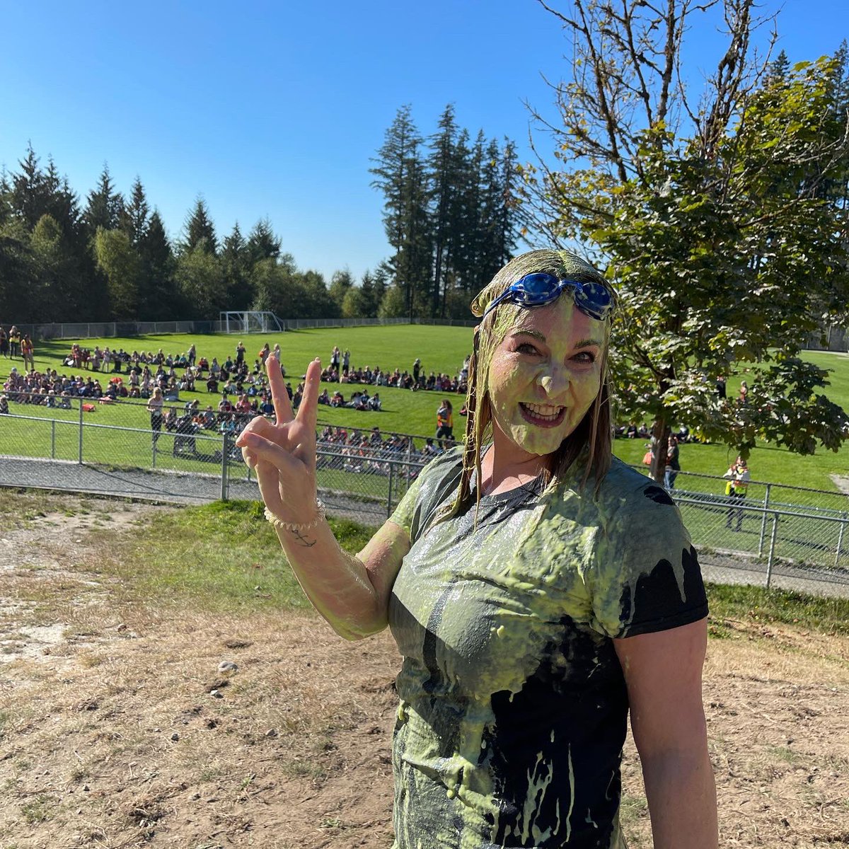 JanineClose's tweet photo. Taking on “kid created” dares for every $4000 raised for Terry Fox and cancer research resulted in me getting “slimed” by Constable Dixon today!  #CancerResearch #TerryFox #sd43 #Aspenwood https://t.co/PHHsbyd3Gh
