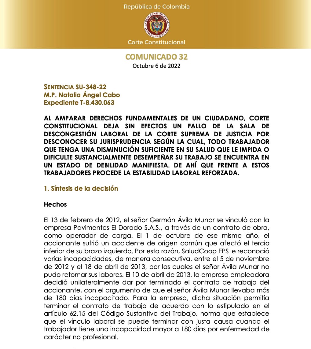 jairoparrac's tweet photo. ESTABILIDAD LABORAL REFORZADA. Corte Constitucional (SU348/22): Todo trabajador que tenga una disminución en su salud que le impida o dificulte sustancialmente desempeñar su trabajo se encuentra en un estado de debilidad manifiesta. Procede la estabilidad laboral reforzada -👇👇- https://t.co/BIbX7Kgo8F