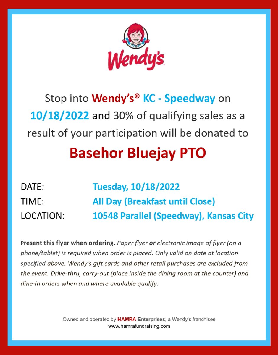 bluejaypto's tweet photo. You can take a break from cooking on Tuesday, October 18th! Stop into Wendy's anytime, from breakfast until close, and 𝟯𝟬% 𝗼𝗳 𝘆𝗼𝘂𝗿 𝗽𝘂𝗿𝗰𝗵𝗮𝘀𝗲 𝘄𝗶𝗹𝗹 𝗯𝗲 𝗱𝗼𝗻𝗮𝘁𝗲𝗱 to the Basehor Bluejay PTO. The flyer MUST be shown! https://t.co/A5vShFJVOn