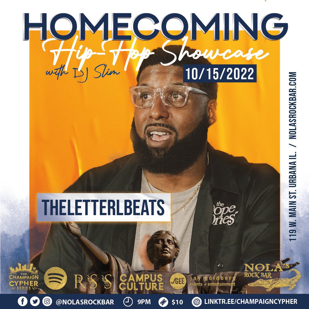 NOLAsRockBar's tweet photo. 🧡💙🎤 We're celebrating Homecoming Weekend with a night of hip-hop at NOLA's. Only ten bucks, so grab your tickets in advance online or at the bar. Hosted by @campuscultureIL. Presented with @champaigncypher and @RSSPromotions1.

🎟 https://t.co/O5PbsOTNk0 https://t.co/L8xww1DJKN