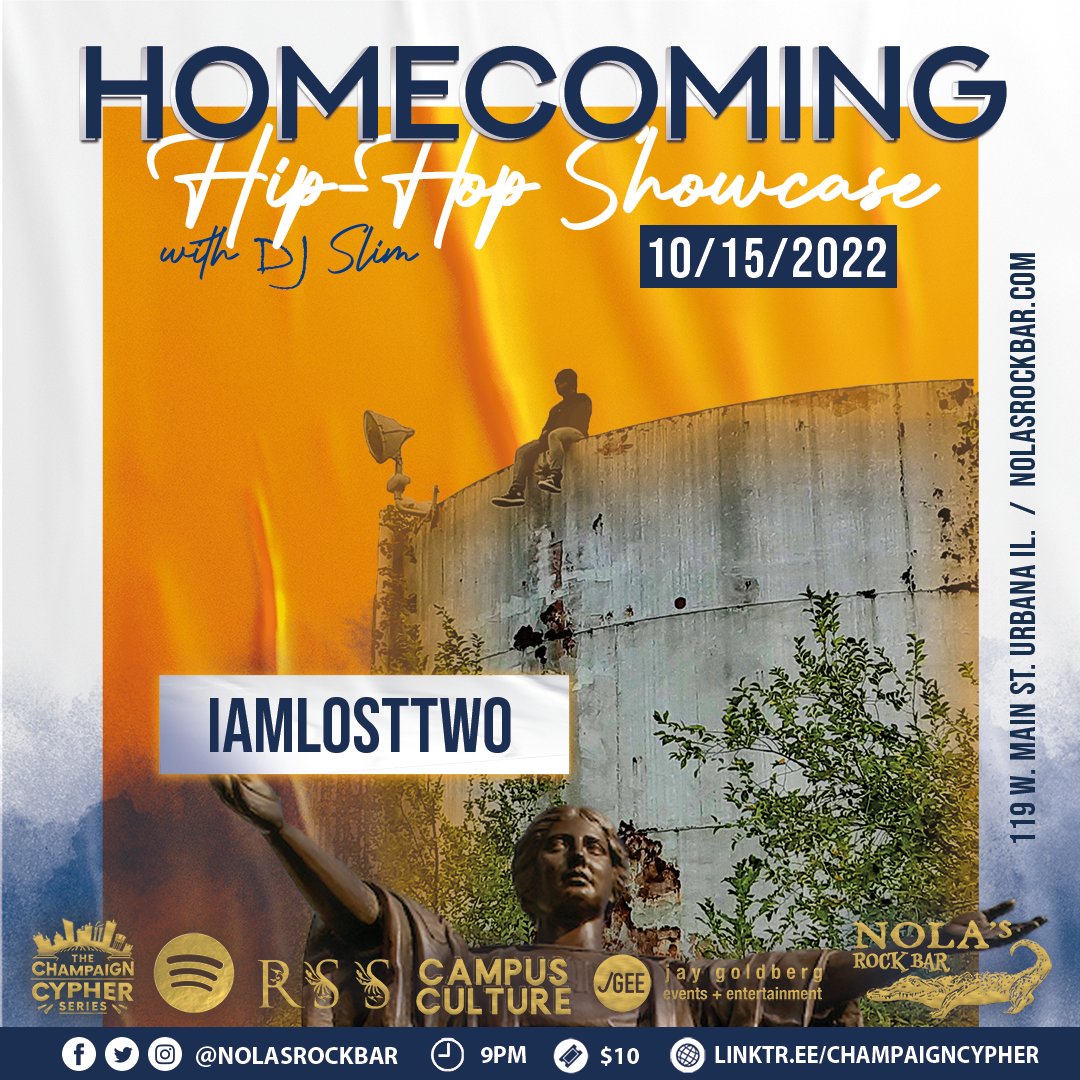 🧡💙🎤 We're celebrating Homecoming Weekend with a night of hip-hop at NOLA's. Only ten bucks, so grab your tickets in advance online or at the bar. Hosted by <a href="/campuscultureIL/">Campus Culture University of Illinois</a>. Presented with <a href="/champaigncypher/">ᴛʜᴇ ᴄʜᴀᴍᴩᴀɪɢɴ ᴄyᴩʜᴇʀ ꜱᴇʀɪᴇꜱ 🎤</a> and <a href="/RSSPromotions1/">R.S.S.Promotions</a>.

🎟 bit.ly/NOLAs_Homecomi…