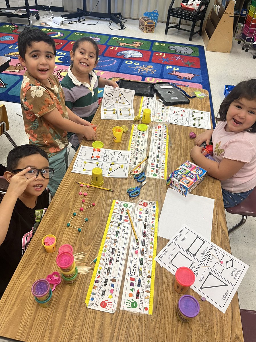 mrs_falcon's tweet photo. We are learning about all the shapes. Today we had a fun activity with play dough and activity sticks. They got to see how many vertices and sides the shapes have. ☺️ #mathfun @Rockets120 #rocketpride https://t.co/K0aeIYpZPy