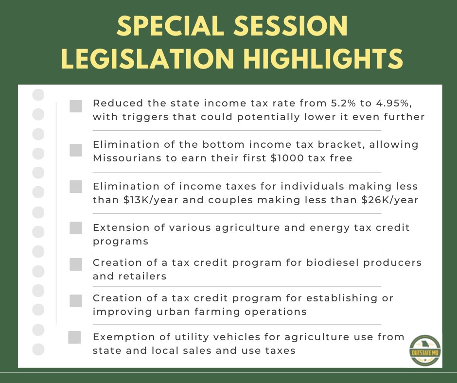 OutstateMO's tweet image. Check out our summary of some highlights from the bills passed by legislators and signed by Governor Mike Parson this special session. 👏👏

#biodiesel #mosoy #moleg #agriculture #incometax #legislation #taxcredit