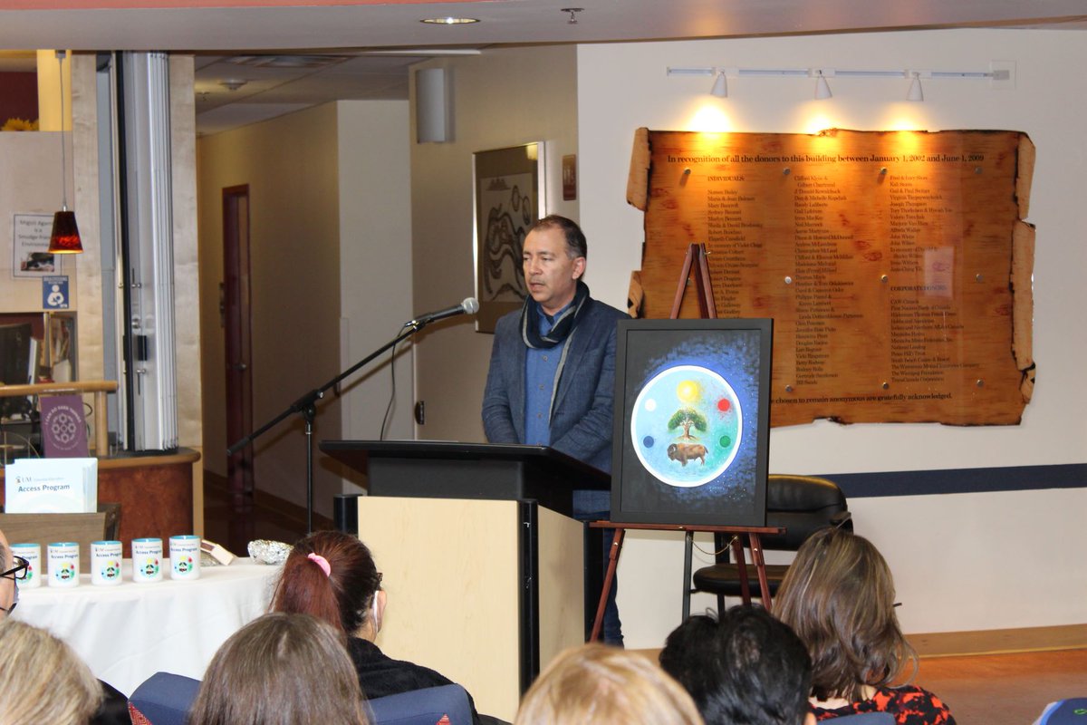 accessuofm's tweet photo. Today we unveiled the new #AccessUM art piece. Grandfather Wanbdi shared the story of how it came to him through ceremony to inspire alum and artist Victoria McIntosh’s design and its themes of connection, #decolonization and #reconciliation. https://t.co/VrMCzzN8fO