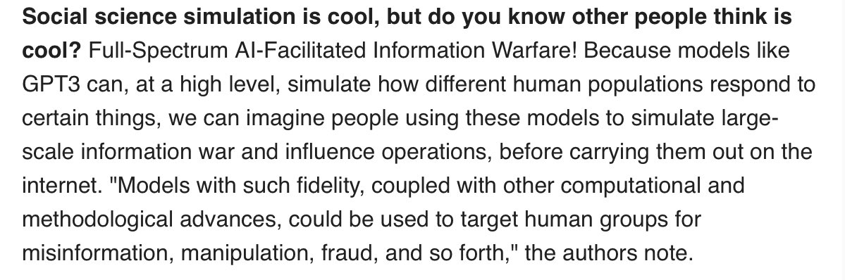 Artificial Intelligence is going to change Information warfare beyond all recognition. <a href="/jackclarkSF/">Jack Clark</a> seeing it all very clearly here from this research arxiv.org/abs/2209.06899 

Time to step up our IO defense and ISR capabilities - don’t bring a knife to a gun fight.