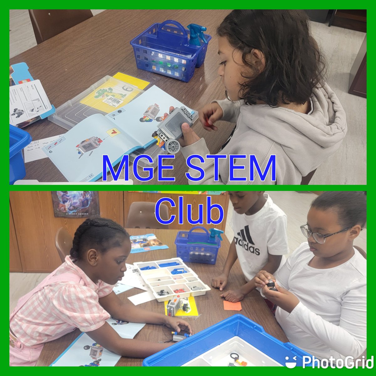 MGE STEM club students working on building LEGO cars using different gears and wheels.  Next week we will test to see which car is the fastest.  #mgegators #MGE #STEM